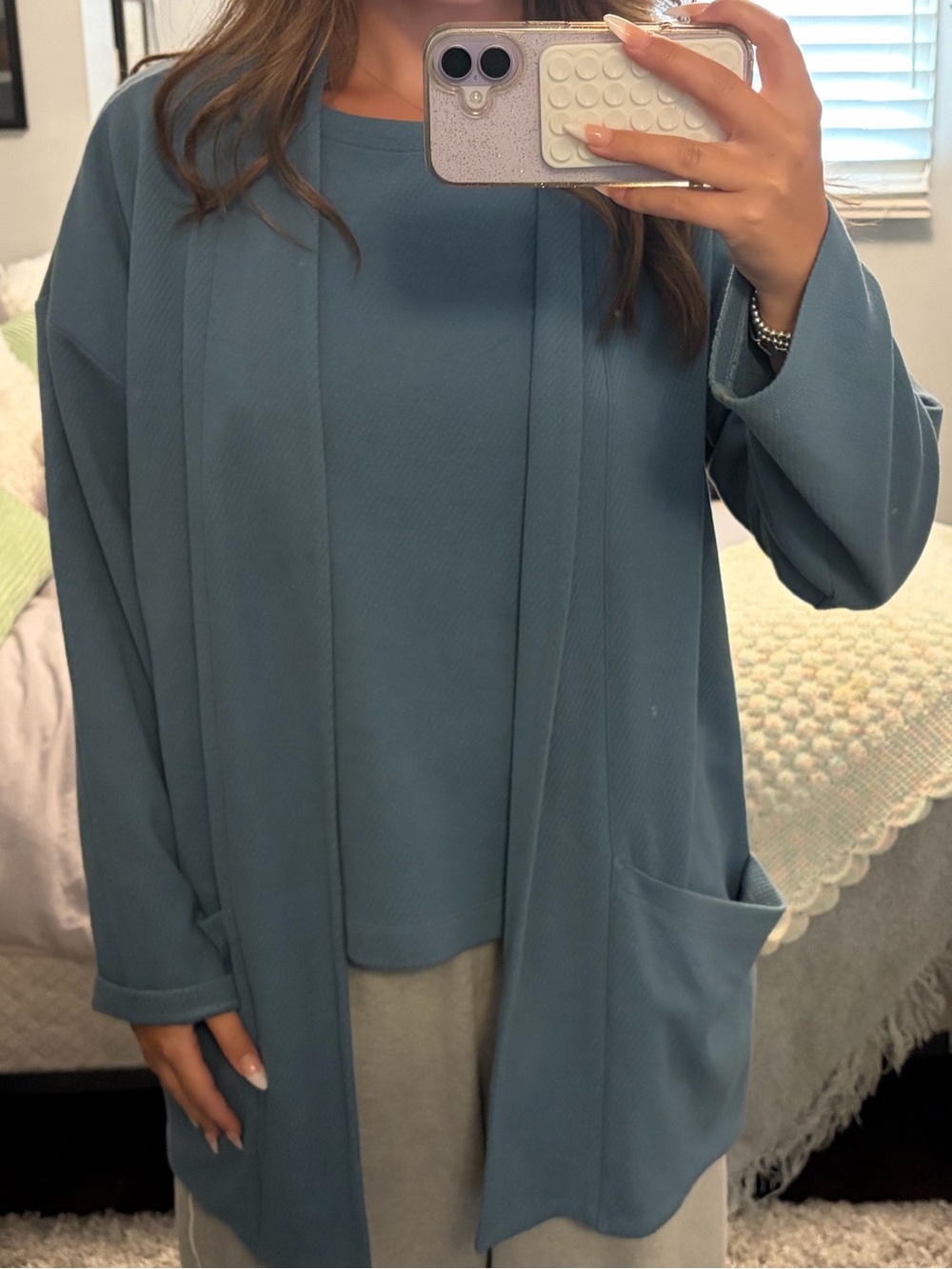 Eileen Fisher body knit top and knit cardigan
